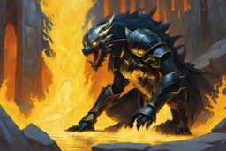 (art by Kupka) A blazing, gold-lit chamber fractures under rising heat as Sulfur steps forward, her obsidian armor glowing with molten veins, waves of distortion bending the air and cracking the stone beneath her feet. Behind her, Friction crouches like a coiled beast, massive frame tense, ember-lit eyes gleaming and jagged teeth bared in anticipation of a violent charge. Nearby, Crux hovers with a ghostly grace, her translucent, glass-like body filled with slow-moving inner fire, reaching out t