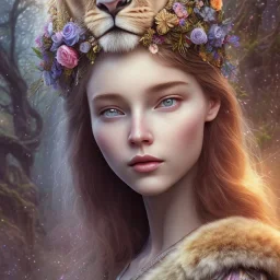 Young beautiful girl wearing floral crown with a stunning lion on nature forest path, Chronicles of Narnia, 8k resolution, high-quality, fine-detail, iridescent, intricate, digital art, detailed matte, volumetric lighting, beautiful, illustration, 3D octane render, brian froud, howard lyon, selina french, anna dittmann, annie stokes, lisa parker, greg rutowski,