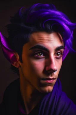 A portrait of a young elf, a wizard, spike ears, purple hair, Caravaggio style