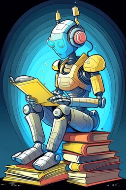 generate a front cover representation of Ai attractive small female humanoid bot sitting on a pile of books in a comic book style