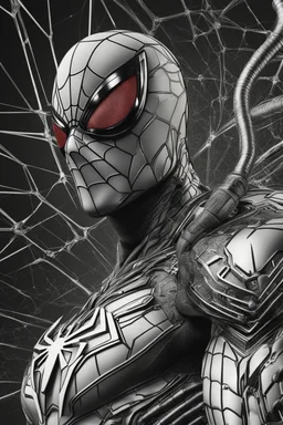 Arte lineal Spiderman cyborg, calidad ultra, hiperdetallado, maximalista, color blanco, increíble obra