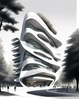 Dibujo arquitectónico de un edificio de cinco pisos, moderno, minimalista, diseñado aplicando la proporción, estilo Zaha Hadid, calidad ultra, árboles, gente