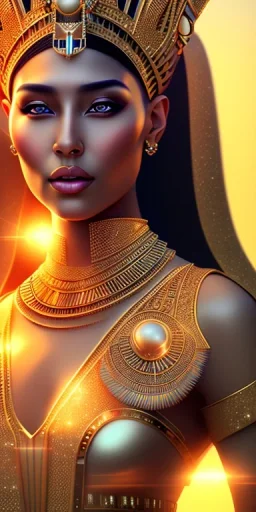 Beautiful pharaonic queen, hot pharaonic dress, clear features, pretty, too many details, pharaonic background، 4k, 8k, portrait, 3d, fantasy, realistic, cinematic