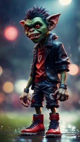 full figure portrait of a vampire werewolf goblin gremlin with soccer boots on wet asphault, in the style of Gorillaz,bokeh like f/0.8, tilt-shift lens 8k, high detail, smooth render, down-light, unreal engine, prize winning