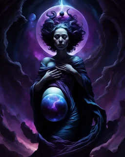 concept, dark void in abdomen, pregnant,cosmic theme, surrealism, detailed anatomy, shadows and highlights, eerie atmosphere, digital art, high resolution, deep space colors, black, purple, blue, glowing elements, dramatic lighting, imaginative interpretation.