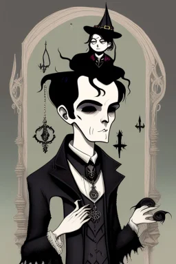 black haired young man necromancer wizard with gothic jewelry in the style of charles addams