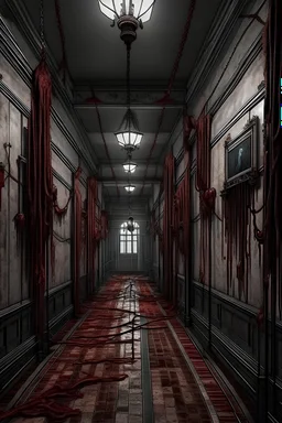 A gothic hallway with blood and dead bodies hanging by ropes from the roof faceless