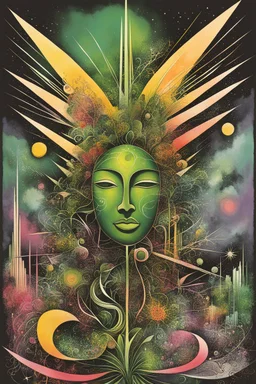 a modernist abstract lithographic print illustration of a her subconscious yearning to be free of the twisted corruption of urban life , striking, atmospheric, dreamlike, mystical, enigmatic, amorphous, in the style of Roberto Matta, in soft, plant based organic colors, boldly inked, hyper detailed , highly detailed feminine facial features, 4k