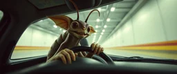 car driving happy 2d insect anime fluffy slimy alien okapi gremlin man in the style of Escher and Giger and Fallout 4, pinhole cam, airbrush 3d rendering, on tv screen:A five-second cinematic single take in a clean industrial presentation hall.