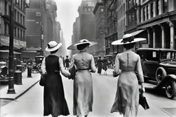 in 1920 two women walking down the street beside each other in nice dresses and hats in New York, Madison Square, high quality, intricate details, realistic