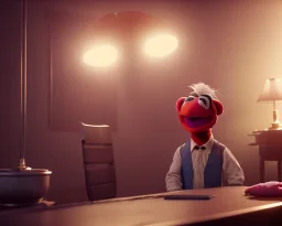 Room scene, muppet head with realistic body detective man, real photo, concept art, retro style, smooth, unreal engine 5, god lights, ray tracing, RTX, lumen lighting, ultra detail, volumetric lighting, 3d.