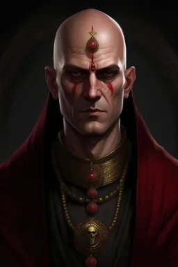 A male aasimar. he has a shaved head and no beard. His skin is bright white and his eyes are golden. A halo shines behind his head. He wears blood red and black robes. Make in the style of byzantine iconography