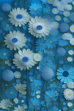 paper patchwork, Iridescent blue, daisy flowers, sprites, trees, flowers, blue background