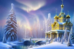 russian gold white palace on the mountain，waterfall, sun,10 snowy fir trees,blue lake,swanns, winter snow flakessnow, northern Lights blue pink, full of details, smooth, bright sunshine，soft light atmosphere, light effect，vaporwave colorful, concept art, smooth, extremely sharp detail, finely tuned detail, ultra high definition, 8 k, unreal engine 5, ultra sharp focus