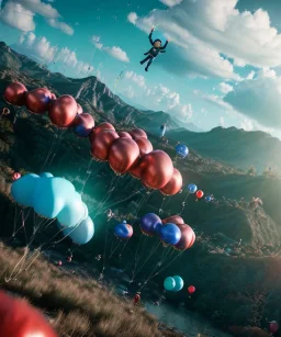 Ultra realistic thriller sky scene, portrait, Childs free jumping flying with trinkets, smile, happy, Wes Anderson style, inflatable color clothing, extreme, wind, clouds sea, 20,000 feet altitude, stratosphere, soft color, highly detailed, unreal engine 5, ray tracing, RTX, lumen lighting, ultra detail, volumetric lighting, 3d, finely drawn, high definition, high resolution.