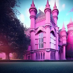 concept art, concept design, neogothic palace, neo gothic, aesteric, pink walls, pink exterior, glass exterior, english garden around, volumetric light, photorealistic, high quality, cinematic