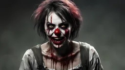 ((Full body portrait :1.2)), body turned slightly away from viewer, (head turned toward viewer), ((direct eye contact with viewer), Creepy unnerving maniacal zombie woman (((girl)), rotten corrupted bloody skin with sores and scabs, rotten jagged teeth, snarling, short messy hair, ((dirty worn bloody tattered clown clothing :1.2)), photo realistic, hyper realistic, award winner, dark dirty messy motel room, DSLRQuality-Realism, sfw