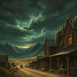 the western town called High Noon Hollow with dark skies