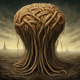 Surreal sentient knotted bread, by Anton Semenov and Zdzislaw Beksinski, surreal, strange, sharp colors, eerie, mysterious, sinister whimsey