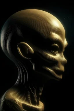 haz la cabeza de una persona mirando hacia la izquierda, con un fondo oscuro y una tonalidad de foto dorada, que sea una persona, mezcla alienigena, mas lindo