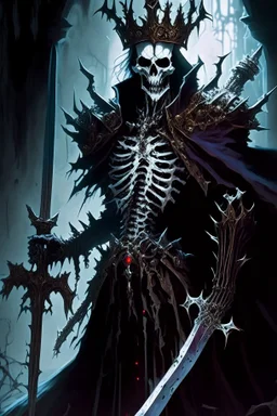 a demonic looking man with a sword in his hand, undead skeleton king, skeleton king, overlord season 4, ainz ooal gown, prince crown of black gears, the king of death, king of time reaper, overlord, lich vecna (d&d), dark and forboding, from overlord, scary knight, large black smile Overlord