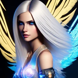 A beautiful portrait of a cute smiling cyberpunk woman with wings, long blond haire, high key lighting, volumetric light high details with white stripes and feathers and blue celtic paterns and luminous glasses in a starry background