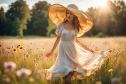 pohoto from a young woman, elegantly adorned in a big summer hat and a summer dress stands in the center of a vast field. Her face happy, a gentle smile playing on her lips as she feels the warm embrace of the sunshine and the tender kiss of a soft summer breeze. The meadow is a canvas of harmony with a dazzling array of wildflowers that dance and sway in the little wind. The blue sky and sunshine, high reality, detalied, photoreal, stunning