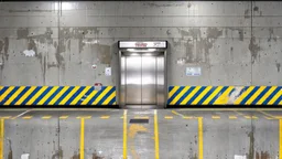wall design for parking garage, concrete, yellow marking lines, hazard lines, weathering and water stains, realistic elevator doors in middle. a sign is above the elevator doors. rough painted hashmarks and parking lines