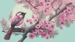 A bird drawing in a tree with a lot of pink flowers.