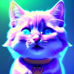 A portrait of a crystalised little cat,smiling, longs hairs, atmospheric, realistic,, cinematic lighting, octane render, colors pink turquoise light