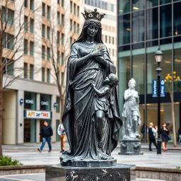 photo of a lady statue made of black marbel showing a goddoss love mother and baby in a modern city center