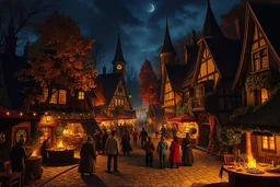 Autumn festival in a medieval fantasy town at night, festival games