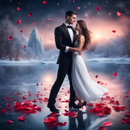 Hyper Realistic handsome muscular man in Black-Tuxedo & beautiful Girl in White-Gown ice-skate-dance on a frozen lake with dramatic environment & red-rose-petals at night