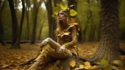 woman made of tiny autumn leaves, legs and arms made from branches, sitting next to a tree stump, in an autumn wood