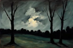 Trees, night, clouds, one person, 2000's sci-fi movies influence, george hendrick breitner impressionism painting