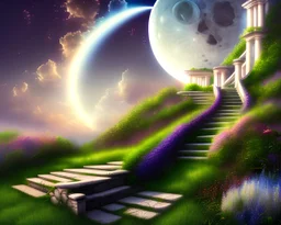 long stairway to Heaven, sky, clouds, waterfall on either side of the stairs, grass, wind, realistic stairs, highly detailed, moon, flowers, magical, HD wallpaper, trending on artstation