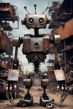 linda yaccraino A complex metal robot with a junkyard background
