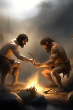 Create an image of two prehistoric human characters in an early Stone Age setting, surrounded by a dusky, misty environment suggestive of early morning. One character is bending over, inadvertently creating a stream of fire from their posterior, a humorous play on the discovery of fire. The other character, standing upright, is holding a primitive tool and laughing heartily at the scene. Both are wearing rough animal fur clothing. The scene is lighthearted, capturing a comedic moment between tw