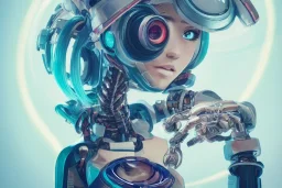 a beautiful full frame portrait digital painting of futuristic animepunk robot, wide angle view, close-up, macro lens, centered camera, titanium accents, blonde hair, holding a pastel machete and a plate of spaghetti, intricate details, small minutiae, tiny features, particulars, colorful, 8k, least ambient occlusion, volumetric lighting, volumetric cloudsmake an isolated chibi bear sprite with sailor moon colors holding a machete