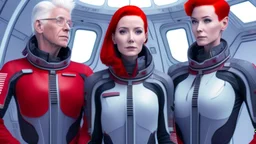 Photorealistic picture of a man in a flight suit with two tall, slender female androids in biosuits, one with red hair and one with white hair, standing on the bridge of a spaceship.