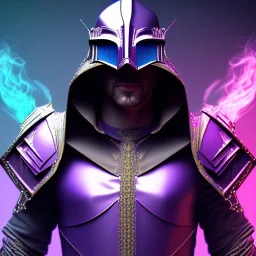 full body medieval purple masked villain in galaxy, teal and purple smoke, detailed, realistic, 4k