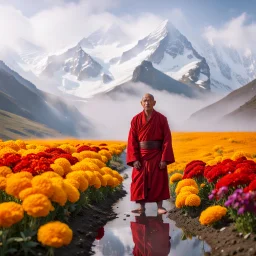 An ice Buddhist monk dressed in a red robe over a yellow shirt and wearing sandals, standing in a field of marigolds and pink violets against the backdrop of the snowy Himalayan peaks, the ground around him is wet from dew balls and morning mist, the monk's figure is reflected in a puddle of water he is standing next to, in a field a yak herder, sun rays Penetrating through white and gray clouds that cover the sky, cinematic photography, wide lens, sharp and clear colors, 24K