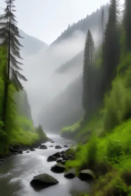 mountain forest river mist