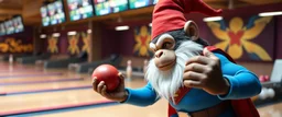 gnome superman inside a bowling hall, wrestling a monkey