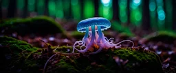 bio luminous JellyFish Fungus, fungal, light floating in a forest, Tree line, Alberta, scientist, Dystopian, Hyper detailed, Realistic, Extreme depth of field, bokeh blur, Alberta all-natural, in the style of candid, imperfection, natural lighting, cinematic, Fuji Film, Anamorphic lens, 2040s, --ar 4:5 --w 150 --style raw