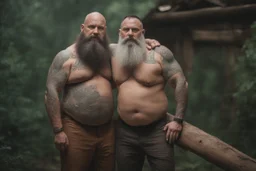 full body two men 50 years old woodcutter in boxer muscular chubby hairy shirtless with many tattooes with a huge bulge , embraced close, manly body, long beard, wood background,High detail, very detailed, ultra HD, 8k, cinematic