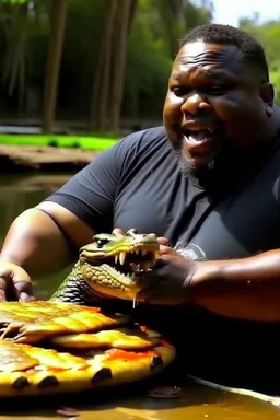 a obese black guy kicked a crocodile while eating a pizza