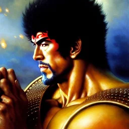 portrait of 'Kenshiro-Fist of the North Star',ancient metal armor , painting by gaston bussiere, greg rutkowski, yoji shinkawa, yoshitaka amano, tsutomu nihei, donato giancola, tim hildebrandt, oil on canvas, cinematic composition, extreme detail,fit full head inside picture,16k