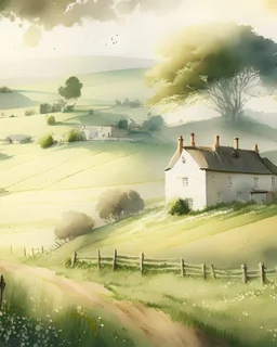 A picturesque countryside scene featuring rolling hills, quaint cottages, and blooming fields, in the style of watercolor painting, soft color washes, delicate brushwork, and atmospheric lighting, 12K resolution, inspired by the works of J.M.W. Turner and John Constable, evoking feelings of nostalgia and the simple beauty of rural life.