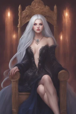 Moon queen long white hair, black robes, blue eyes